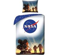 Halantex - Biancheria da letto, completo lenzuola per bambini, 2 pezzi Set a tema NASA astronauti del cosmo, 140 x 200 cm + federa 100% cotone, Öko-Tex (blu 4066).