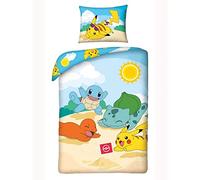 Halantex - Biancheria da letto Pokemon Pikachu per bambini, 2 pezzi Set per letto 140 x 200 e federa 70 x 90 cm, in cotone Öko-Tex, colore beige, blu e giallo