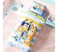 Halantex Bluey - Set copripiumino singolo 135 x 200 cm con federa 48 x 74 cm, double-face, in policotone, motivo "Bluey and Family", ottimo regalo per bambini che amano il blu, facile da pulire e