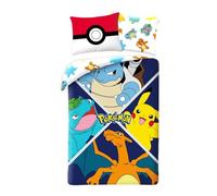Halantex Pokemon Evolution, set da letto per bambini, copripiumino reversibile 140 x 200 cm + federa per cuscino, Pikachu, Tortank (Carapuce), Dracaufeu (Salameca) e Florizarre (Bulbizarre), POK611