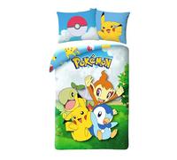 Halantex Set Biancheria da Letto Reversibile Pokemon, 100% Cotone, Copripiumino 140 x 200 cm + Federa, con Tiplouf, Pikachu, Ouisticram e Tortipouss