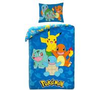 Halantex Set copripiumino Pokemon con Pikachu, Salameca, Carapuce e Bulbizarro, copripiumino 140 x 200 cm + federa, blu, POK579
