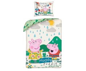 Halantex Set Letto PEPPA e GEORGE giocano nella pozzanghera Originale Copripiumino reversibile 140x200cm + federa per cuscino 70x90cm - 100% Cotone - Multicolore - Con Sacca