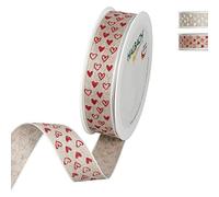 Halbach Seidenbänder Nastro in lino stampato a forma di cuore con bordo in filo, larghezza 25 mm, lunghezza 15 m, nastro regalo per festa della mamma, cresima o comunione fai da te, colore: