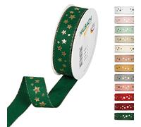 Halbach Seidenbänder Nastro natalizio per confezioni regalo, 25 mm x 18 m, con stelle dorate e bordi in lurex - verde