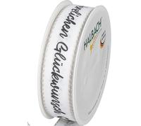 Halbach Seidenbänder Nastro regalo "Congratulazioni", larghezza 25 mm, lunghezza 18 m, nastro regalo di compleanno, nastro per decorazioni di compleanno, colore: bianco/nero