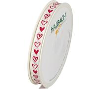 Halbach Seidenbänder Nastro regalo "cuori", larghezza 10 mm, lunghezza 20 m, nastro stampato con motivo a cuore, nastro perfetto per matrimonio o San Valentino, colore: crema/rosso