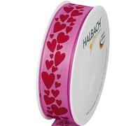 Halbach Seidenbänder Nastro regalo "cuori", larghezza 25 mm, lunghezza 18 m, nastro stampato con motivo a cuori, nastro perfetto per matrimonio o San Valentino, rosa e rosso