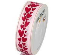 Halbach Seidenbänder Nastro regalo "cuori", larghezza 25 mm, lunghezza 18 m, nastro stampato con motivo a cuori, nastro perfetto per matrimonio o San Valentino, rosa pallido/rosso