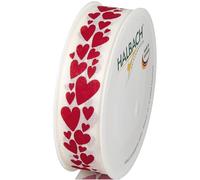 Halbach Seidenbänder Nastro regalo "cuori", larghezza 25 mm, lunghezza 18 m, nastro stampato con motivo a cuori, nastro perfetto per matrimonio o San Valentino, crema/rosso