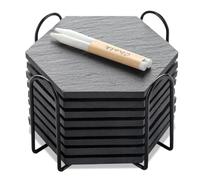 HALE OTEIR Sottobicchieri in ardesia per bicchieri, set da 8 pezzi, 11 cm, esagonali con supporto, sottobicchieri in vetro, base antigraffio per bar, cucina, decorazione per la casa