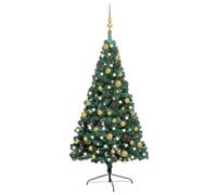 Half Wall Artificial Christmas Tree, Pre-Lit with s, Ornaments & Star Topper, Green PVC, 120cm Tall Space Saving Design for Indoor Home Holiday Decor
