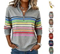 Half-Zip Collar Fashionable Rainbow Striped Sweatshirt,Women's V Neck Cozy Gradient Rainbow Striped Long Sleeve Pullover (IT, Testo, M, Regular, Regular, Grey)