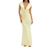 Halfisland - Maxi abito estivo da donna in raso con scollo a V e maniche ad aletta, schiena scoperta, elegante, taglio a spirale, per ospite di nozze, Giallo, L