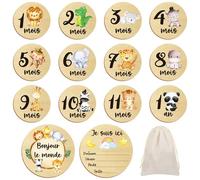 Halinuia Biglietto di auguri per bambini francesi, regalo per nascita, 26 momenti della nascita a 1 anno su 13 dischi in legno incisi fronte/retro, regalo futuri genitori mamma, regalo per bambini in