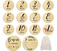 Halinuia Cartoline per bambini in legno in francese,Scheda passo per bambino legno,26 momenti dalla nascita a 1 anno,Carte per bambini Milestone per futuri genitori Baby Shower