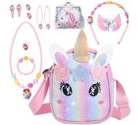 Halinuia Set di Borsa Unicorno Bambina Regalo con Borsetta Bambina, Portamonete, Princess Braccialetto Collana e Forcina Unicorno Compleanno Regalo Bambina 3-10 Anni