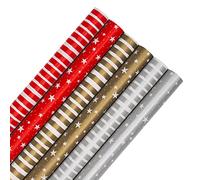 Hallmark Carta da regalo natalizia, confezione da 6 pezzi, 3 m ciascuna, 2 motivi festivi, stelle, strisce, rosso, oro, argento