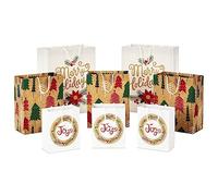 Hallmark, sacchetti regalo per vacanze sostenibili (8 sacchetti: 3 piccoli 15,2 cm, 3 medi 22,9 cm, 2 grandi 33 cm), riciclabili con alberi rosa, fiori invernali "Merry Holidays", corona di gioia, per Natale, Hanukkah, matrimoni