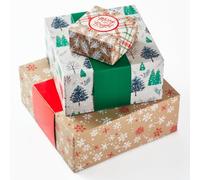 Hallmark Scatole regalo di dimensioni assortite con fasce per Natale (3 scatole: marrone kraft, rosso, verde, "Merry and Bright", "Happy Holidays") rustici fiocchi di neve, plaid, alberi, agrifoglio