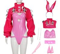 Hallojojo Alice Costume Donna Cosplay Alice Bunny Girl Sexy Uniforme Pelle Tuta y Giacca Orecchie di Coniglio Calzini Set per Dress Up Halloween Carnevale Festa Compleanno Mascherata Costume, Rosa