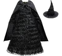 Hallojojo Bambina Elphaba Costume Cosplay Wicked Strega Elphaba Nero Balze Vestito con Mantello per Fancy Dress Up Halloween Natale Carnevale Festa Compleanno Mascherata Abito da Ballo, 5-15 Anni