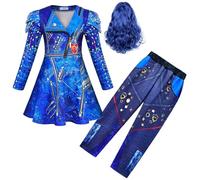 Hallojojo Bambina Evil Costume Cosplay Discendenti 3 Evil Manica Lunga Stampe Vestito e Pantaloni con Parrucca per Fancy Dress Up Halloween Natale Carnevale Festa Compleanno Mascherata Abito da Ballo