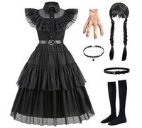 Hallojojo Bambina Wenesday Costume con Parrucca mercoledì Costume Abito da Wenesday Addams Vestito da Ballo Gotico Nero Natale Halloween Carnival Party Stage Performance Cosplay Costume