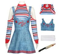Hallojojo Donna Chucky Cosplay Costume con Coltello Finto Bambola Assassina Costume Horror Bambola Chucky Uniforme Natale Halloween Carnevale Party Stage Performance Vestire Adulto S-3XL
