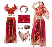 Hallojojo Donna Costume di Principessa Jasmine Costume di Principessa Aladdin con Accessori Costume di Danza del Ventre Festa di Natale Halloween Carnevale Cosplay Costume Adulto