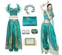 Hallojojo Donna Costume di Principessa Jasmine Costume di Principessa Aladdin con Accessori Costume di Danza del Ventre Festa di Natale Halloween Carnevale Cosplay Costume Adulto