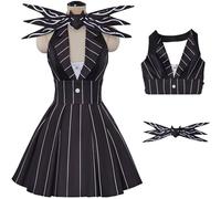 Hallojojo Donna Jack Costume Cosplay Christmas Eve Jack Skellington Gothic Vintage Strisce Vestito da Ballo e Papillon Set per Fancy Dress Up Halloween Carnevale Festa Compleanno Mascherata Costume