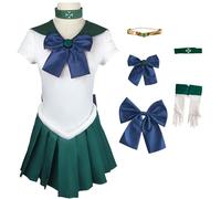 Hallojojo Donna Sailor Neptune Cosplay Costume Set con Accessori Anime Sailor Moon Costume KaiOu Michiru Cosplay JK Uniforme da Marinaio Halloween Carnival Party Stage Performance Costume Verde