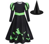 Hallojojo Elphaba Costume Bambina Cosplay Wicked Strega Elphaba Nero Stampa Maniche Lunghe Vestito con Cappello Magico per Halloween Carnevale Festa Compleanno Mascherata Costume