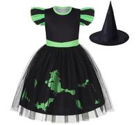 Hallojojo Elphaba Costume Bambina Cosplay Wicked Strega Elphaba Nero Stampa Tulle Vestito con Cappello Magico per Halloween Carnevale Festa Compleanno Mascherata Costume
