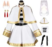 Hallojojo Frieren Costume Donna Cosplay Anime Frieren at The Funeral Bianco Uniforme Set Vestito Scialle Cintura Calze Orecchie Orecchini e Parrucca per Halloween Carnevale Festa Mascherata Costume