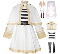 Hallojojo Frieren Costume Donna Cosplay Anime Frieren at The Funeral Uniforme Set Vestito Scialle Cintura Calze Orecchie Orecchini e Parrucca per Halloween Carnevale Festa Mascherata Costume, Bianco