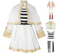 Hallojojo Frieren Costume Donna Cosplay Anime Frieren at The Funeral Uniforme Set Vestito Scialle Cintura Calze Orecchie Orecchini e Parrucca per Halloween Carnevale Festa Mascherata Costume, Bianco