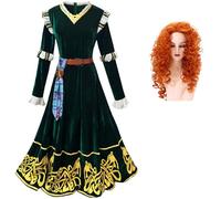 Hallojojo Merida Costume Donna Cosplay Coraggioso Principessa Merida Medievale Vintage Velluto Lungo Vestito da Sera con Parrucca per Fancy Dress Up Halloween Carnevale Festa Mascherata Abito da Ballo