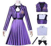 Hallojojo Nevermore Academy Costume Donna Cosplay Season 2 Enid Uniforme Scolastica Giacca Camicetta Vestito Papillon Cintura e Parrucca per Halloween Carnevale Festa Mascherata Costume, Viola Nero