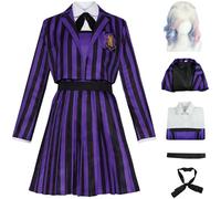 Hallojojo Nevermore Academy Costume Donna Cosplay Stagione 2 Enid Sinclair Uniforme Scolastica Set Giacca Vestito Papillon Cintura e Parrucca per Halloween Carnevale Festa Mascherata Costume