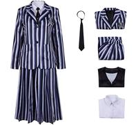 Hallojojo Nevermore Academy Costume Donna Cosplay Stagione 2 Nevermore Strisce Uniforme Scolastica Giacca Gilet Camicia Gonna Cravatta e Parrucca per Halloween Carnevale Festa Mascherata Costume