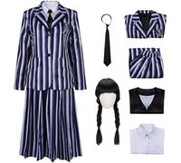 Hallojojo Nevermore Academy Costume Donna Cosplay Stagione 2 Nevermore Strisce Uniforme Scolastica Giacca Gilet Camicia Gonna Cravatta e Parrucca per Halloween Carnevale Festa Mascherata Costume