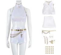 Hallojojo Rumi Costume Donna Cosplay KPOP Demon Hunters Rumi Bianco Girlgroup Uniforme Set Top Pantaloni con Accessori e Parrucca per Dress Up Halloween Carnevale Festa Compleanno Mascherata Costume
