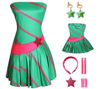 Hallojojo Stella Costume Donna Cosplay Winx Anime Club Principessa Stella Verde Vestito e Cerchietto Orecchini Accessori Set per Fancy Dress Up Halloween Carnevale Festa Compleanno Mascherata Costume