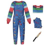 Hallojojo Uomo Chucky Cosplay Costume con Coltello Finto Bambola Assassina Costume Horror Bambola Chucky Uniforme Natale Halloween Carnevale Party Stage Performance Vestire Adulto S-3XL