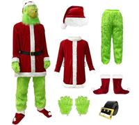 Hallojojo Uomo Grinch Costume con Maschera Mostro Verde Natale Costume Grinch Cosplay Uniforme Natale Halloween Carnival Party Stage Performance Fancy Costume Adulti