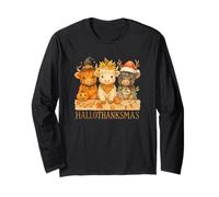Hallothanksmas Highland Cow Trio Halloween Thanksgiving Maglia a Manica