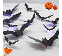 Halloween 3D Lighted Bats, LED Bat Halloween Decorations, Bats Stickers with Adjustable Wings for Window and Wall Decorations (24-60PCS with Small Pumpkin) (24PCS)