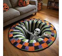 Halloween 3D Rug - Halloween Optical Illusion Rugs, 140*140cm Decorative Rug with Depth Pattern Theme-Ghost Skeleton Pumpkin Patterns Soft & Durable Fabric Gift for Halloween Fans & Home Parties (A)